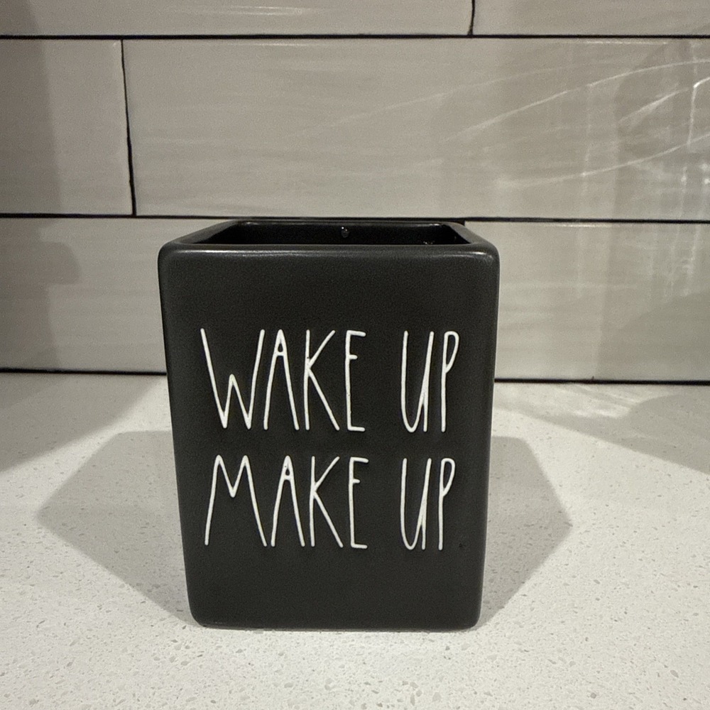 Rae Dunn "WAKE UP MAKE UP" Black Square Container Artisan Collection By Magenta